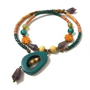 Vintage Handmade Turquoise Beaded Pendant Necklace Boho Earthy Statement